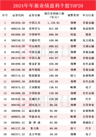 A股2024年预告净利润超百亿公司达20家