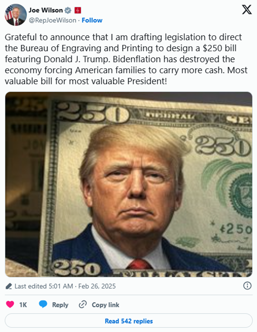 美国议员提议发行250美元特朗普肖像钞票-第1张图片-欧意下载